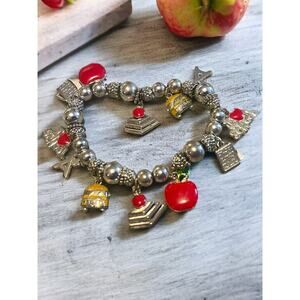 Silvertone Red Apple Yellow Bus Enamel School Teacher Charm Stretch Bracelet